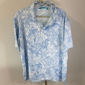 Tori Richard-Moisture wicking -Blue and White Leaf Print Shirt-XL